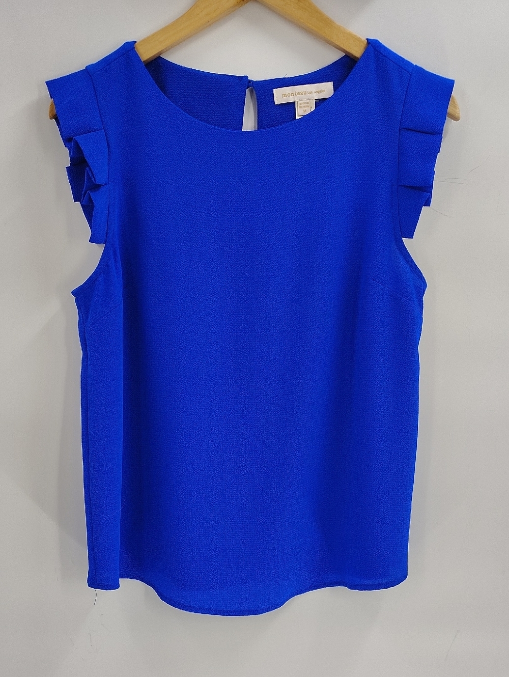 Monteau Los Angeles Blouse Size Medium Blue Pink Tuck Sleeve Edging Semi Sheer